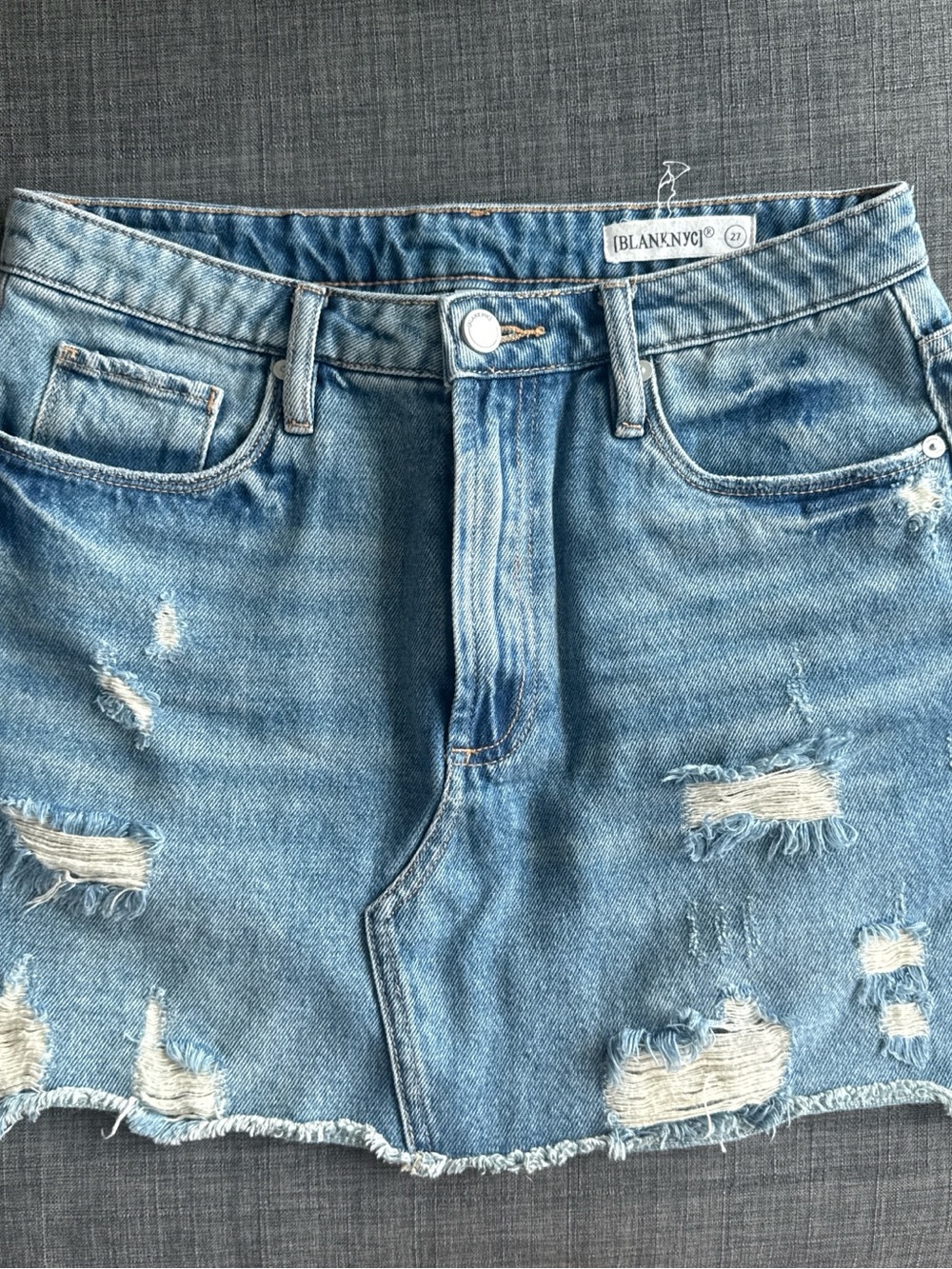 Blank NYC Light Blue Distressed Denim Mini Skirt